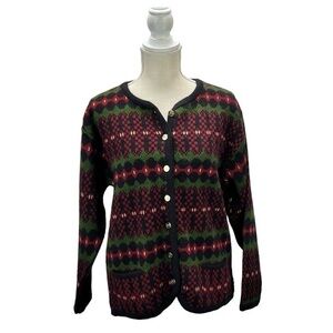 Vintage 80s Tally Ho Fair Isle Nordic Metal Button Front fall winter Cardigan L